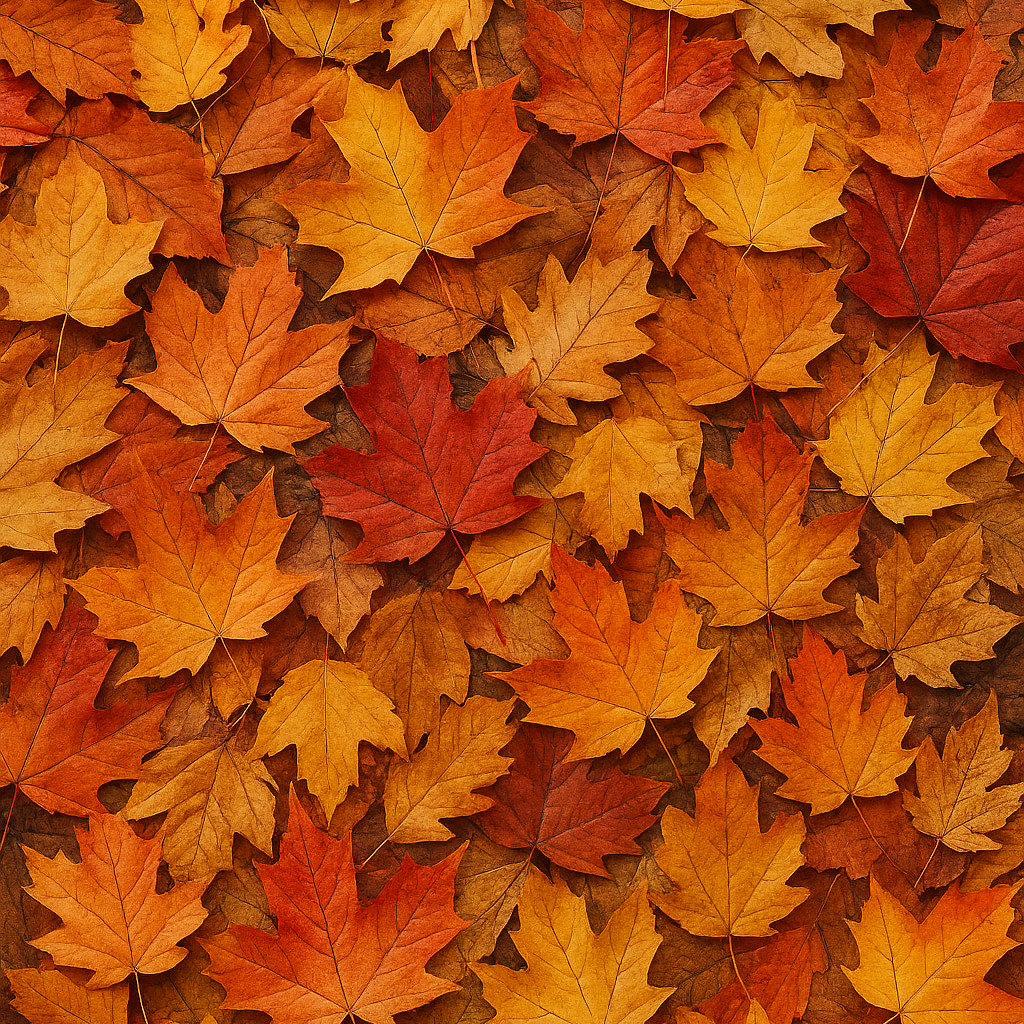 Pattern of autumn leaves in orange, red, and yellow on a brown background