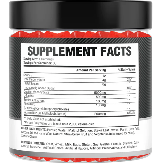 Creatine Monohydrate Gummies – 5g per Serving, 120 Count, Strawberry Flavor