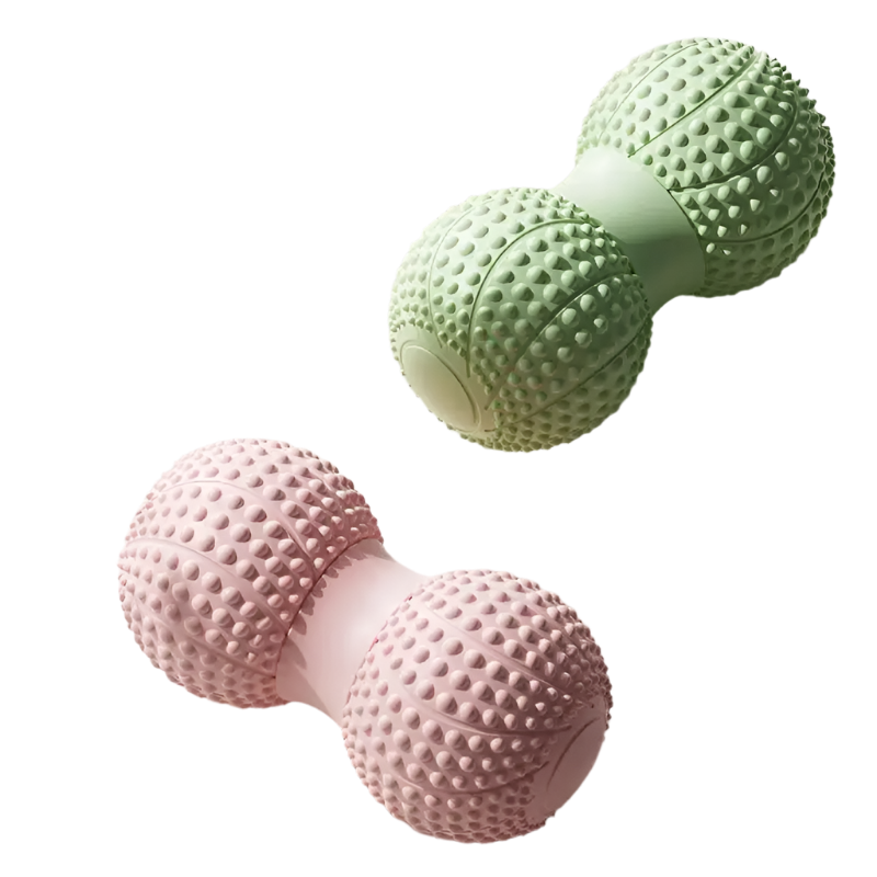 Two green and pink textured dumbbells on a light background