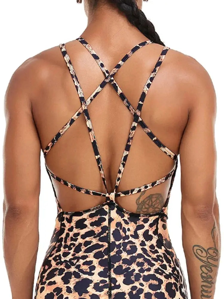 Backless Leopard Fitness Jumpsuit