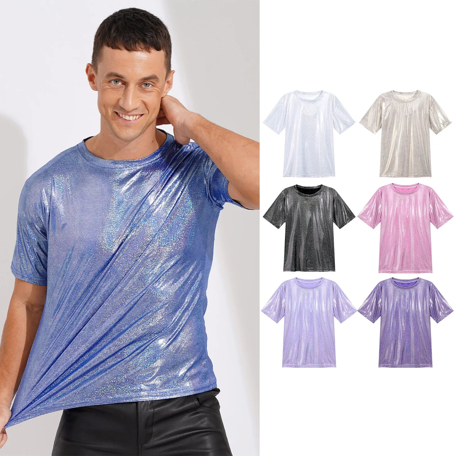 Mens Shiny Top Short Sleeve T-shirt for Rave Party Club