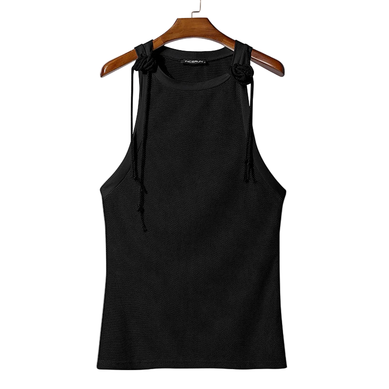 Black tank top with drawstring details on a hanger against a gray background