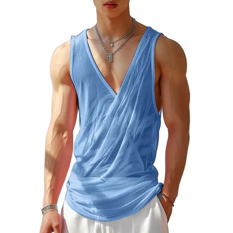 Person wearing a blue tank top with branding in the corner.
