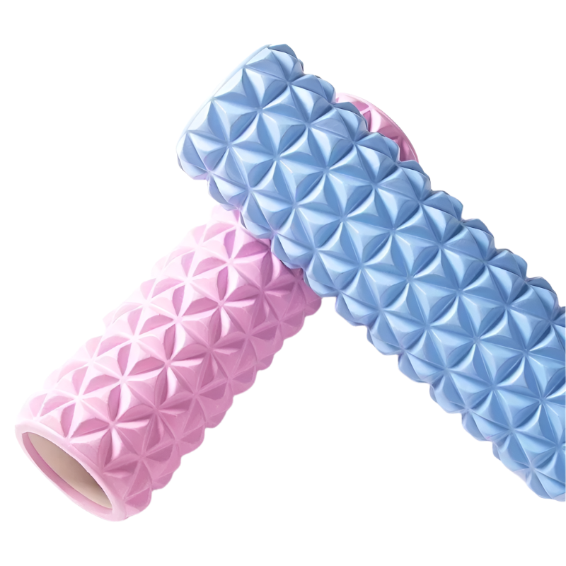 Two foam rollers, one pink and one blue, with a textured pattern on a white background.