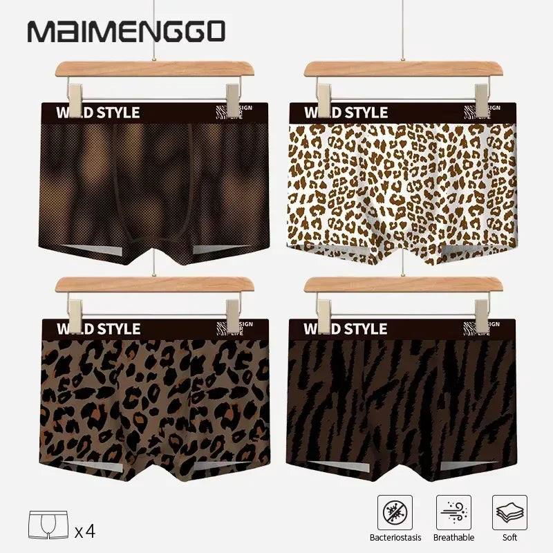 MAIMENG Men's Ice Silk Underwear leopard Underpants Summer Cool Breathable BoxerShorts Leopard Pattern Men's Underwear Sport