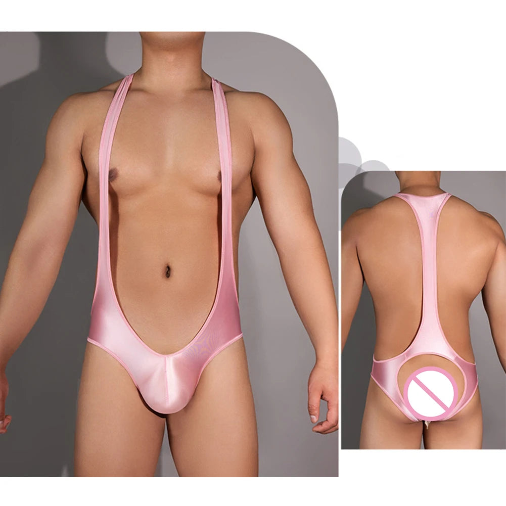 Mens Lingerie Swimsuit Straps Stretchy High Cut Backless Thong Shiny Bodysuit Elastic Body Chest Harness Halter Man Sexy Bondage