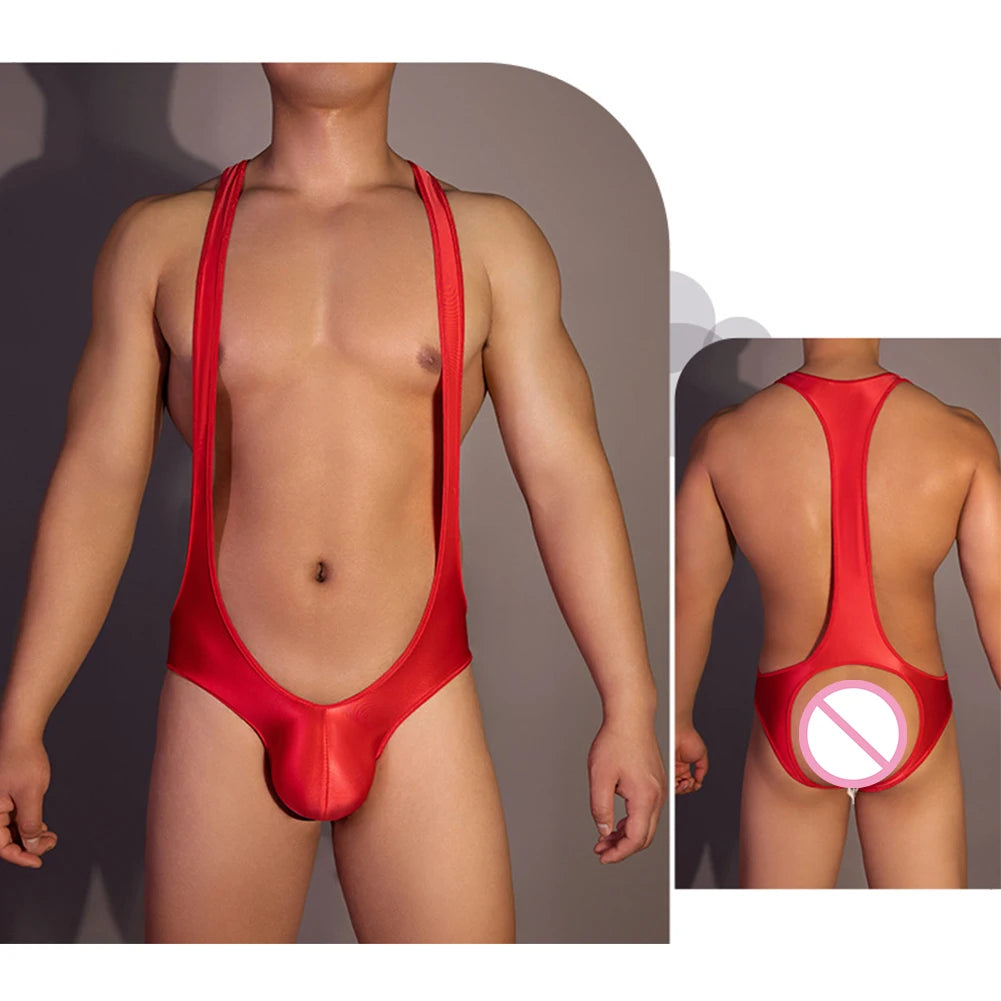 Mens Lingerie Swimsuit Straps Stretchy High Cut Backless Thong Shiny Bodysuit Elastic Body Chest Harness Halter Man Sexy Bondage
