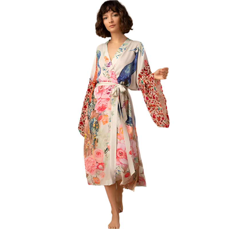 Peacock Print Wrap Kimono