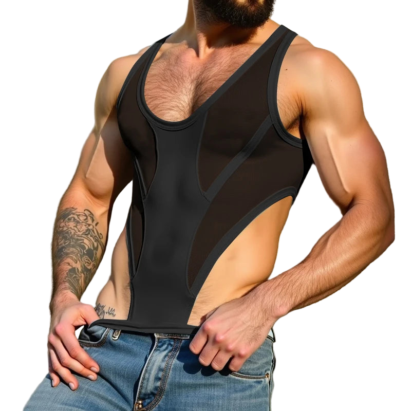 Man wearing a black tank top and blue jeans against a beige wall, with 'INCERUN' branding.