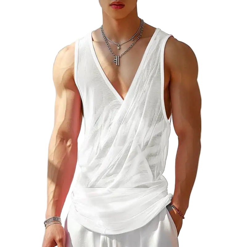 Person wearing a white sleeveless garment with branding in the corner.