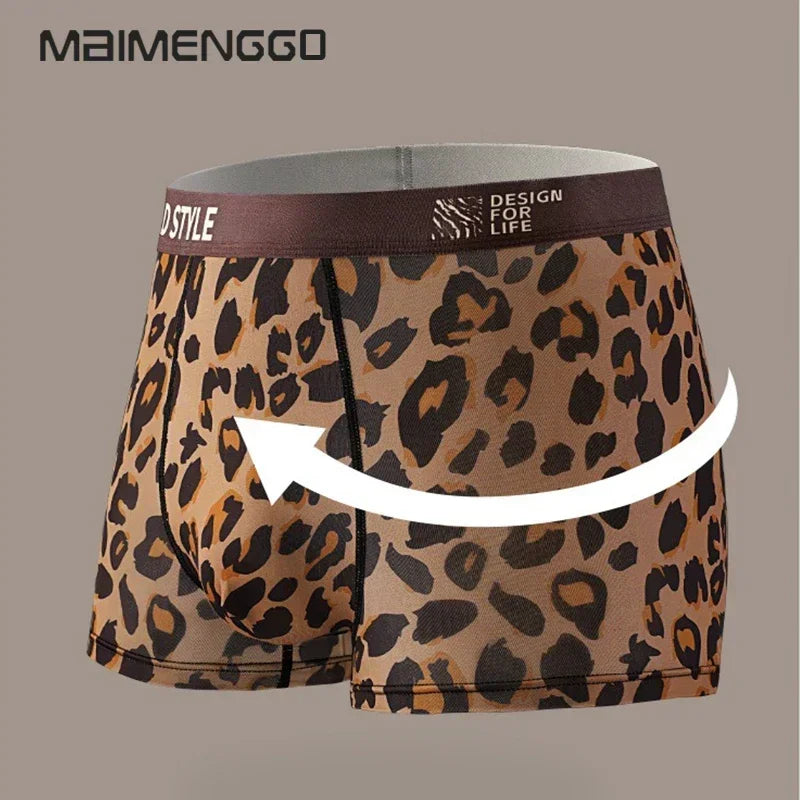 MAIMENG Men's Ice Silk Underwear leopard Underpants Summer Cool Breathable BoxerShorts Leopard Pattern Men's Underwear Sport