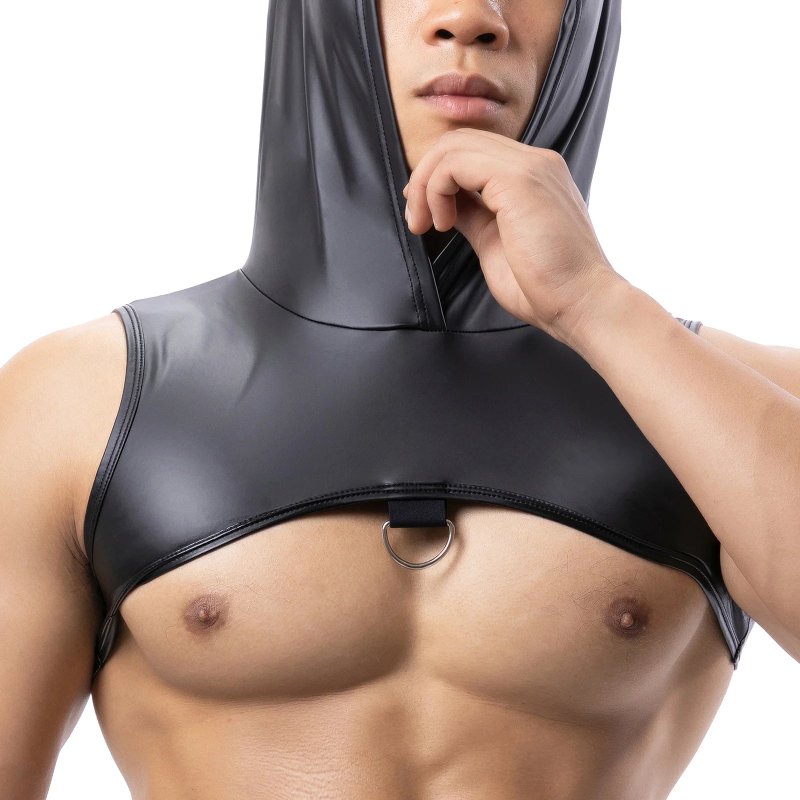 Men's Faux Leather Hooded Crop Top Vest Fitness Sleeveless Tank Tops