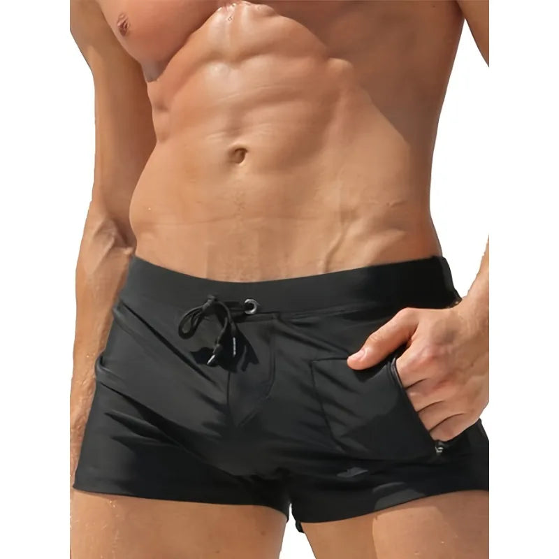 Stretchy Quick-Dry Zip Swim Trunks