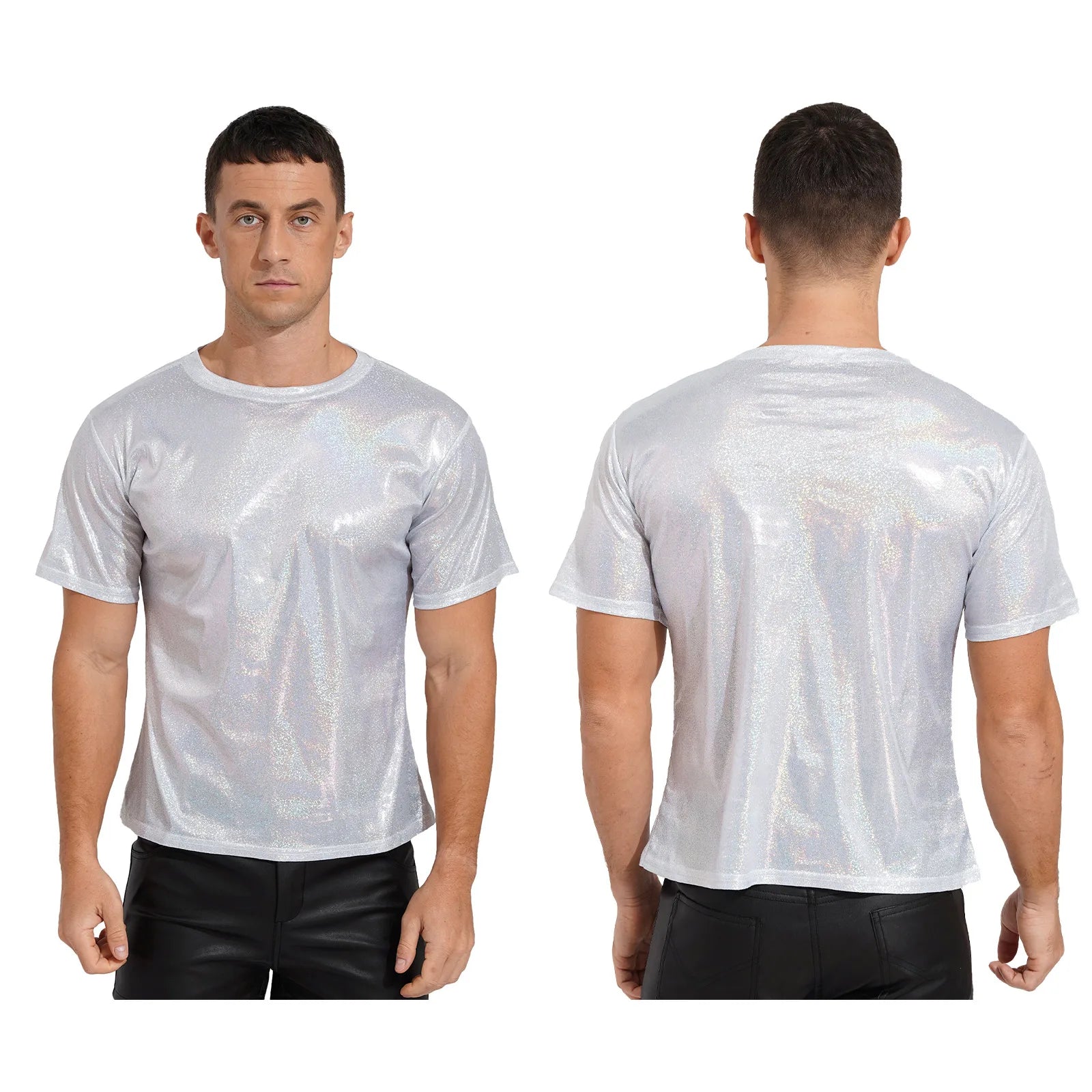 Mens Shiny Top Short Sleeve T-shirt for Rave Party Club
