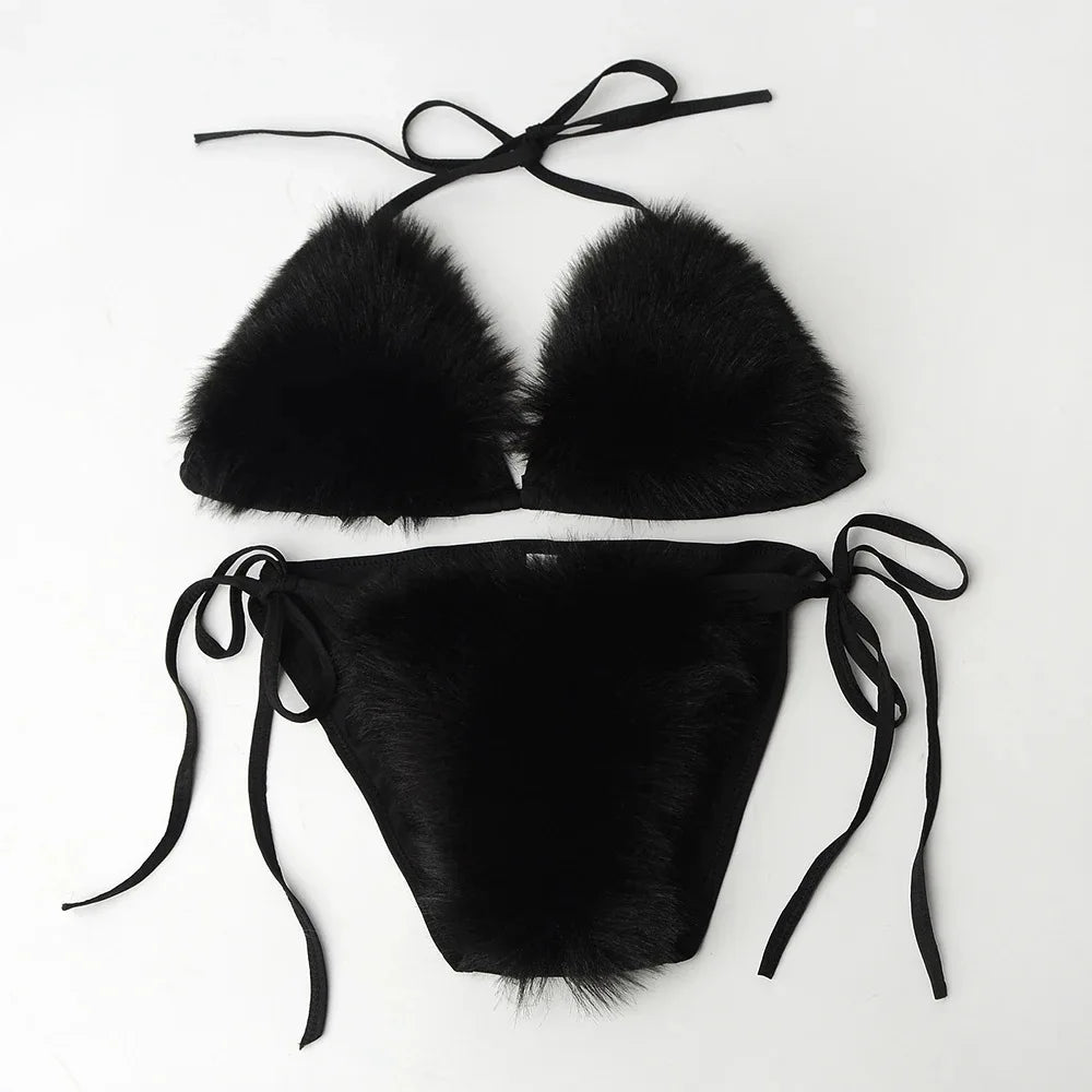 Fur-Embellished Triangle Bikini