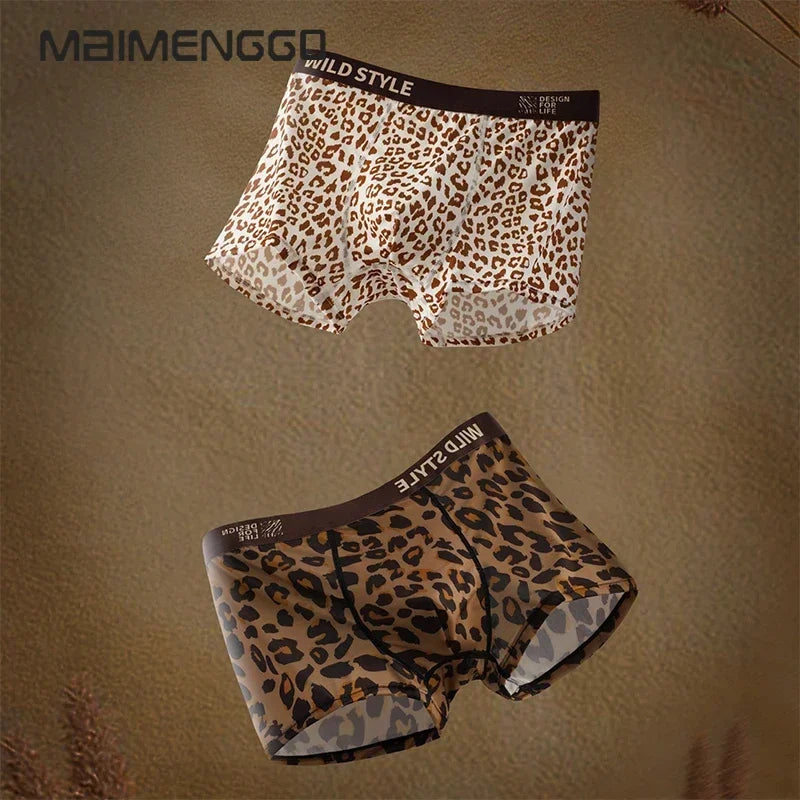 MAIMENG Men's Ice Silk Underwear leopard Underpants Summer Cool Breathable BoxerShorts Leopard Pattern Men's Underwear Sport