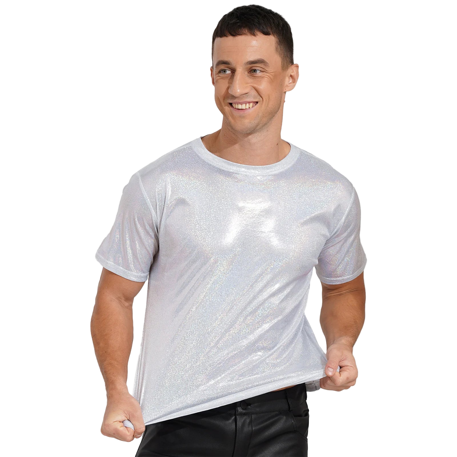 Man wearing a silver reflective t-shirt on a white background