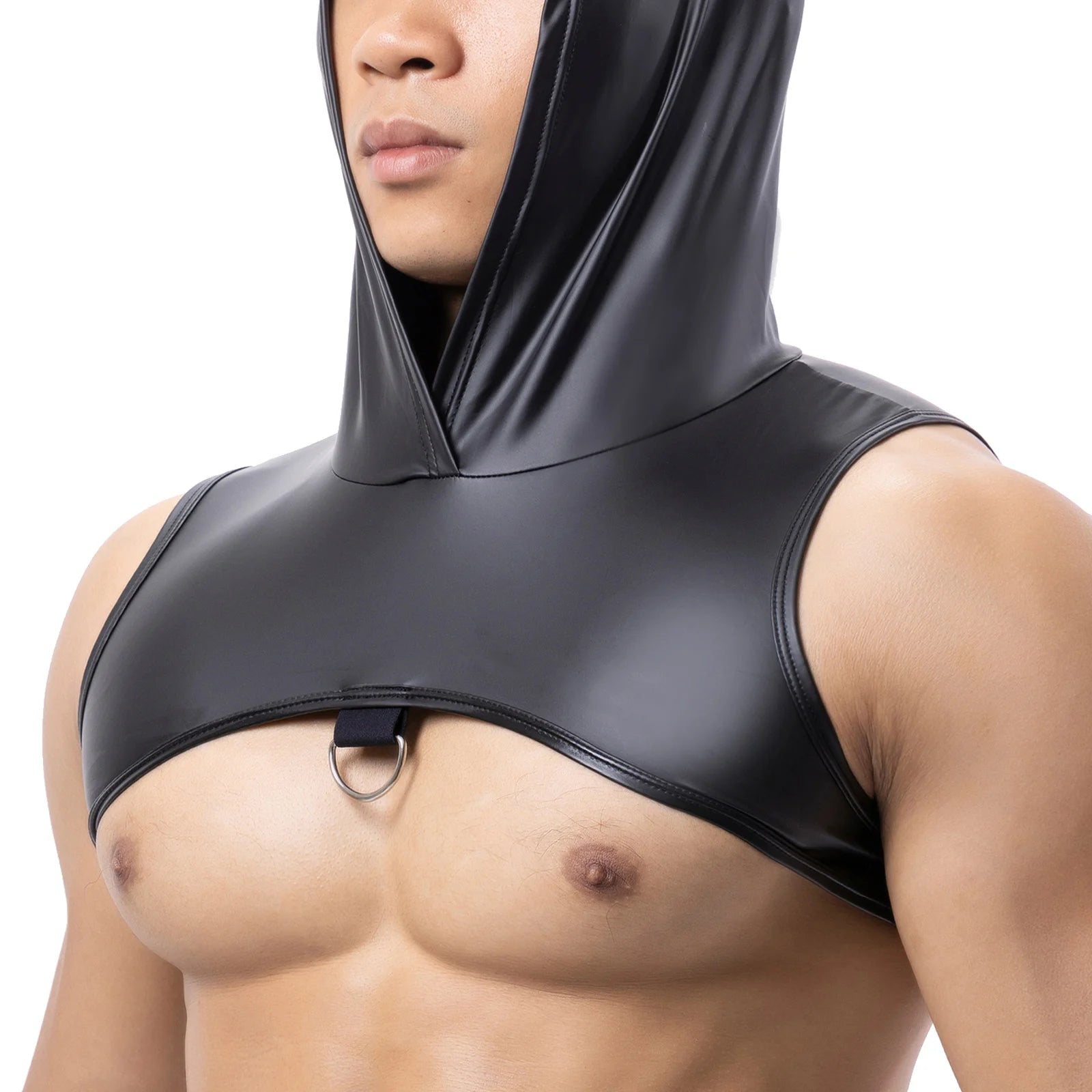 Men's Faux Leather Hooded Crop Top Vest Fitness Sleeveless Tank Tops