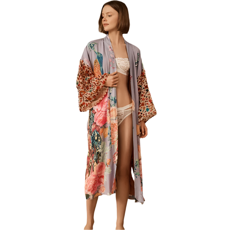 Peacock Print Wrap Kimono