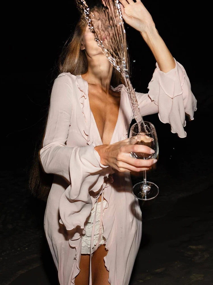 Ruffle Lace-Up Beach Coverup