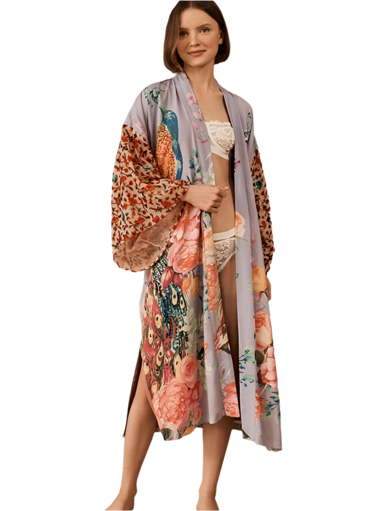 Peacock Print Wrap Kimono