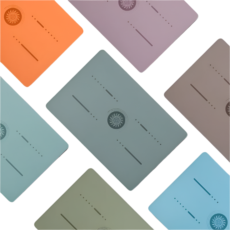 Colorful square mats with a central design on a white background