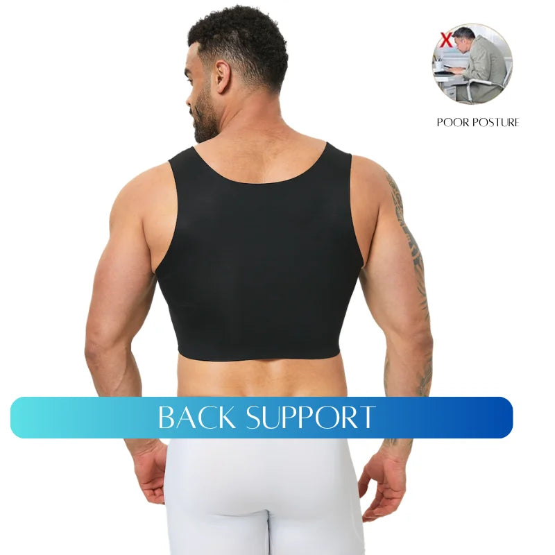 Man wearing a black back support brace with text on poor posture and back support.