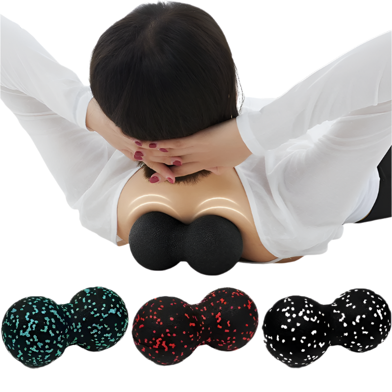 Person using a massage ball with three additional balls displayed below on a white background