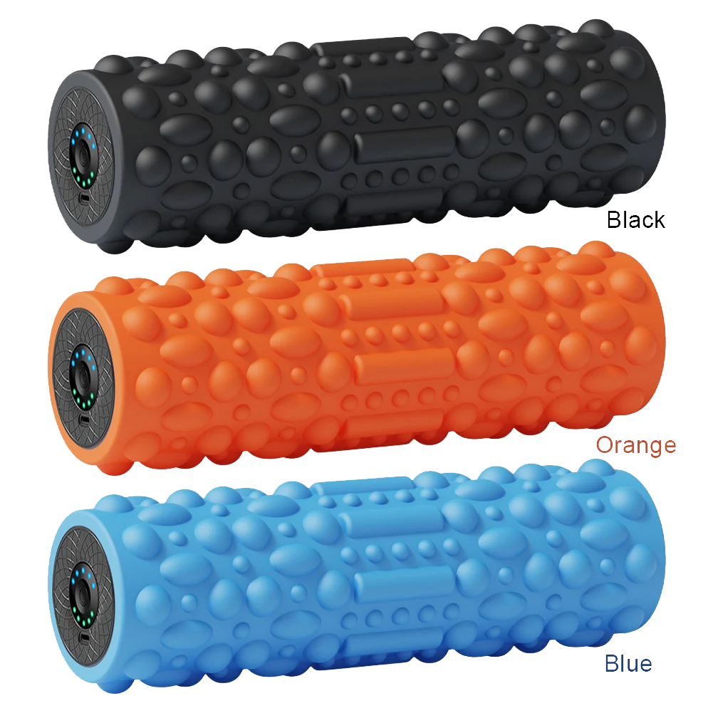 Three foam rollers in black, orange, and blue on a white background