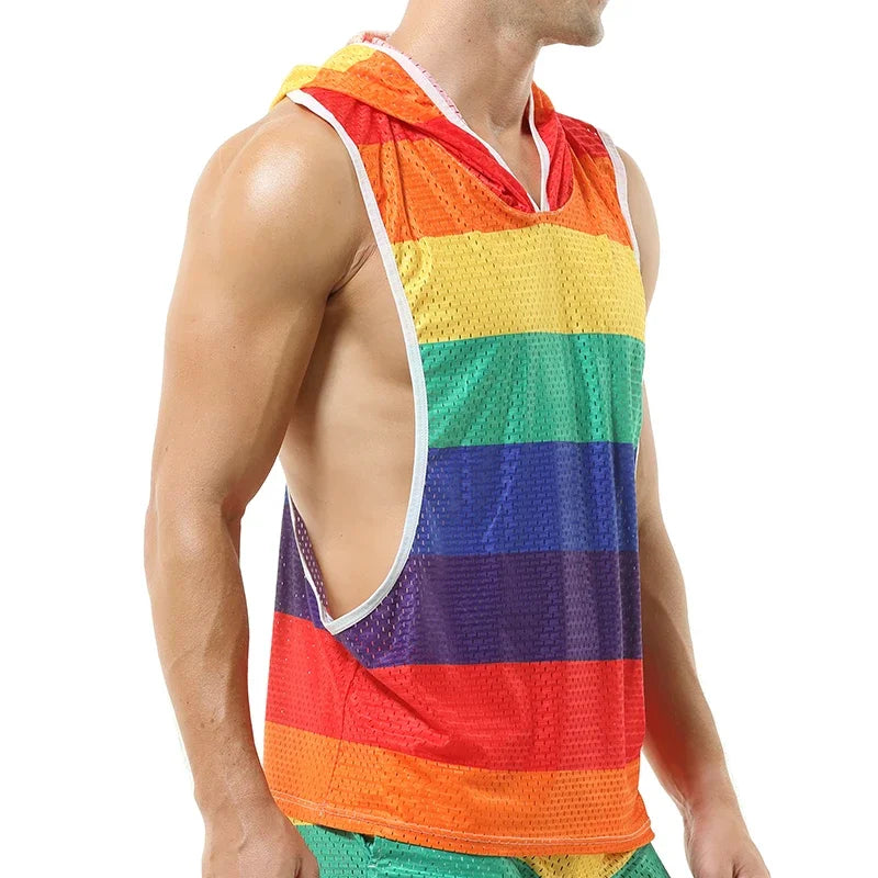 Rainbow Mesh Singlet Hoodie Tank