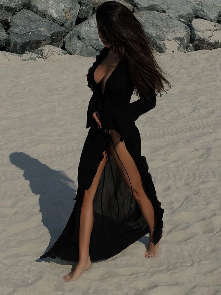 Ruffle Lace-Up Beach Coverup