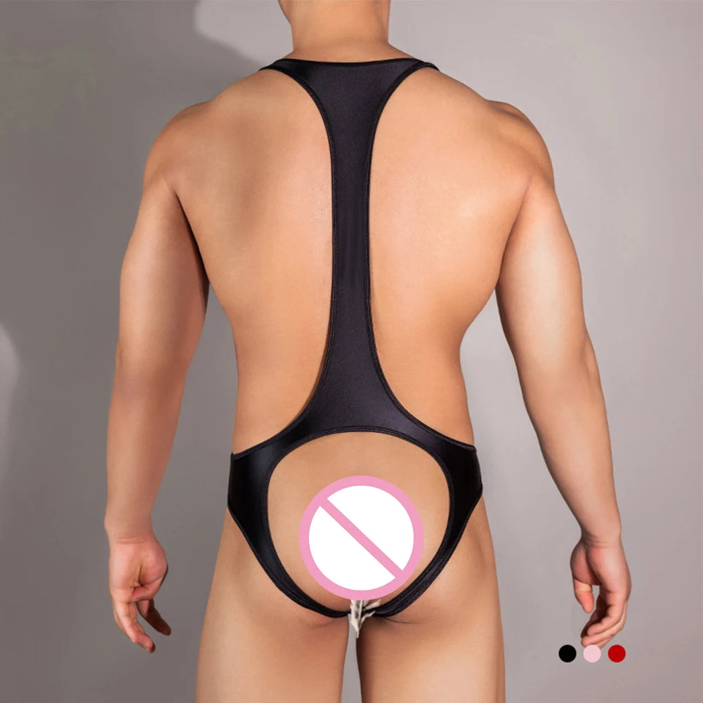 Mens Lingerie Swimsuit Straps Stretchy High Cut Backless Thong Shiny Bodysuit Elastic Body Chest Harness Halter Man Sexy Bondage
