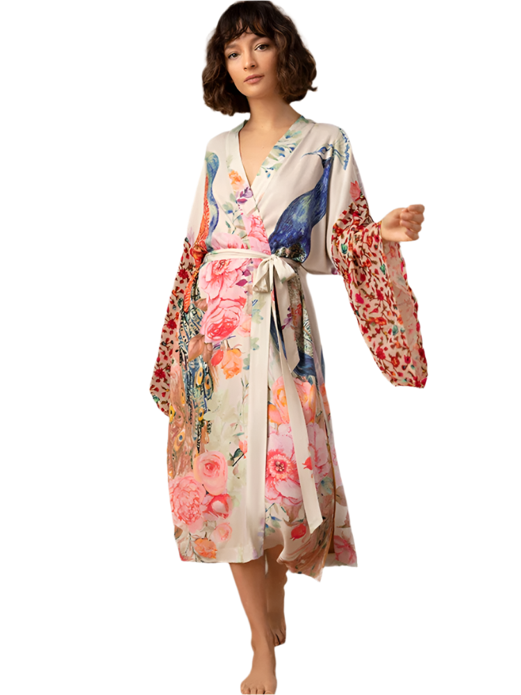 Peacock Print Wrap Kimono