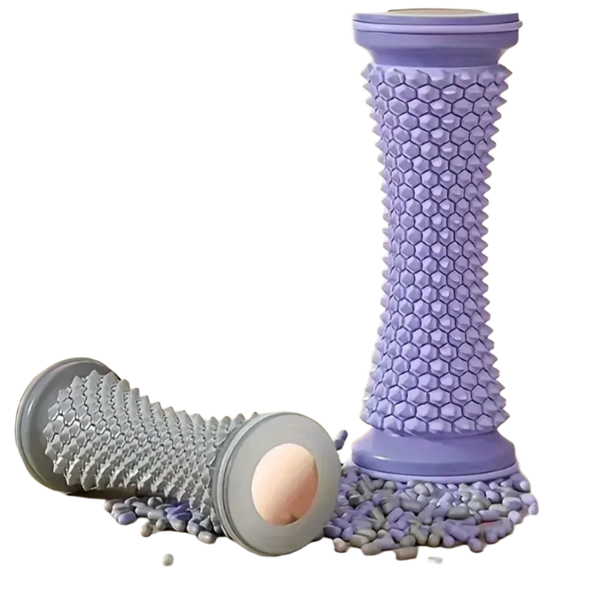 Purple and gray textured cylindrical object with eggs on a beige background
