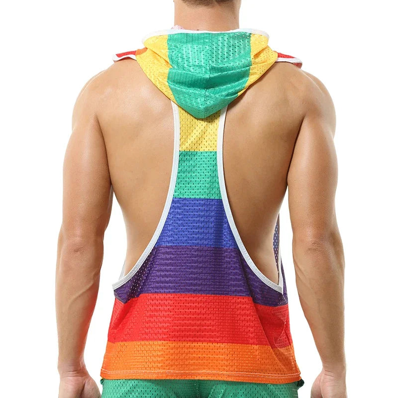 Rainbow Mesh Singlet Hoodie Tank
