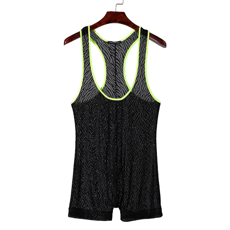 Black athletic romper with green accents on a hanger against a light gray background