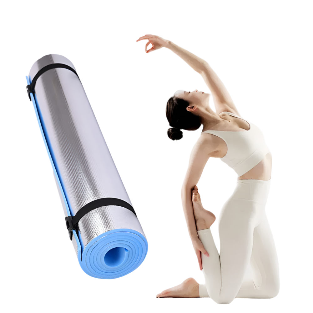 Yoga mat with blue edge and black strap next to a person in a yoga pose on a white background