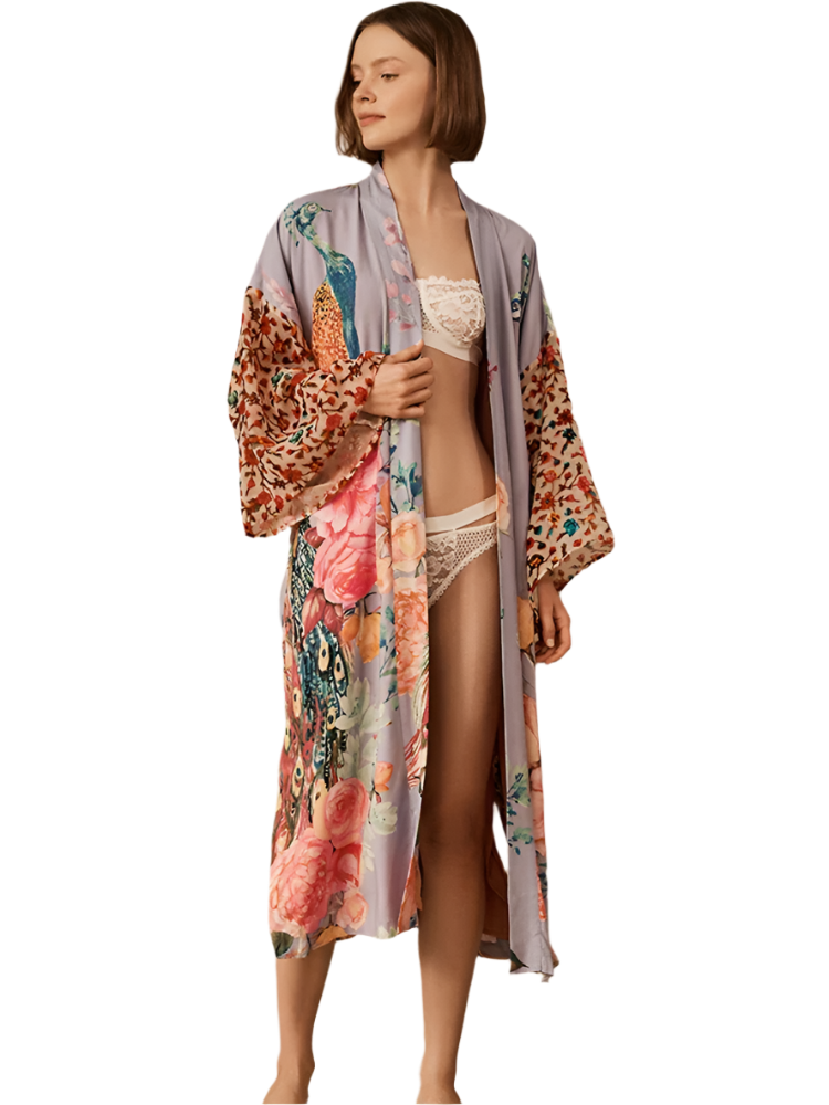 Peacock Print Wrap Kimono
