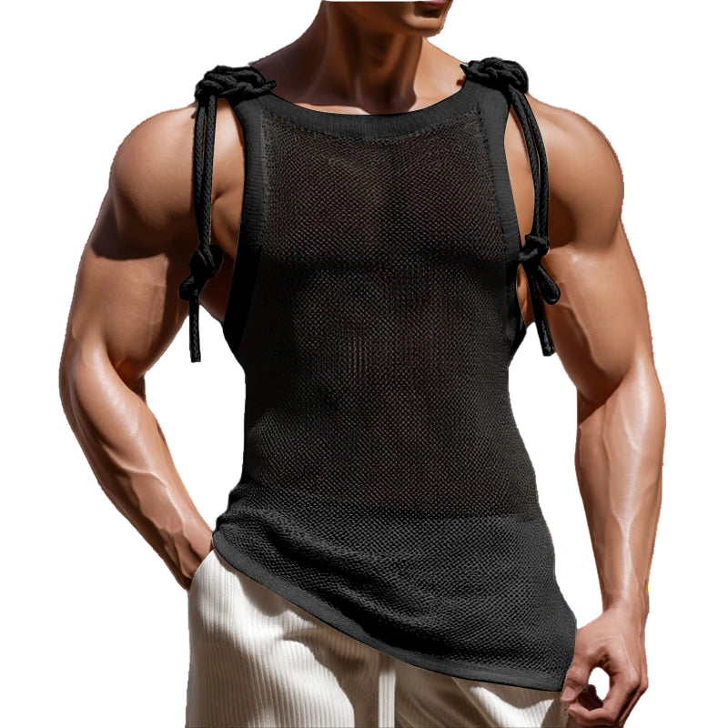 Person wearing a black mesh tank top by a pool