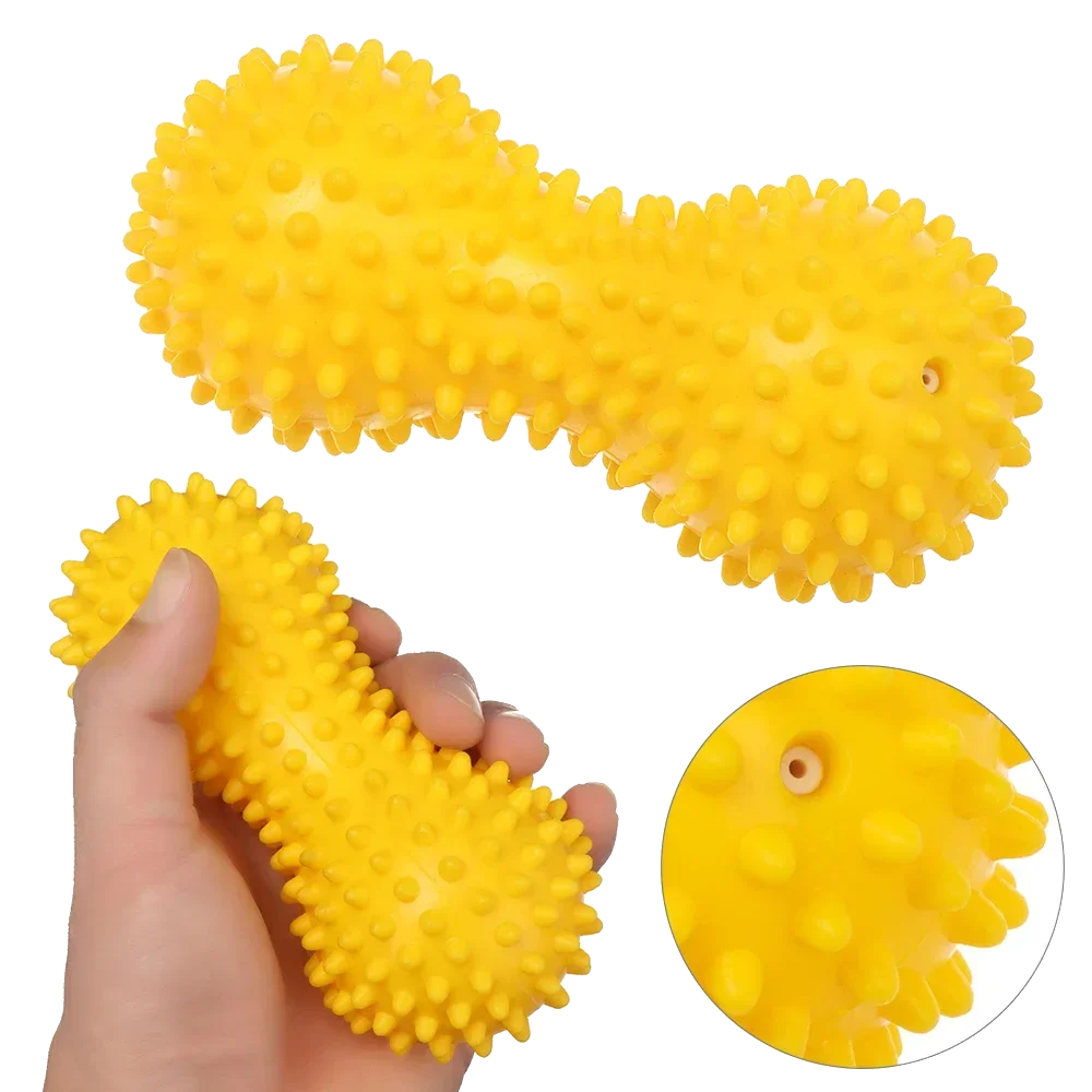 Yellow textured ball with a hand holding it, on a white background