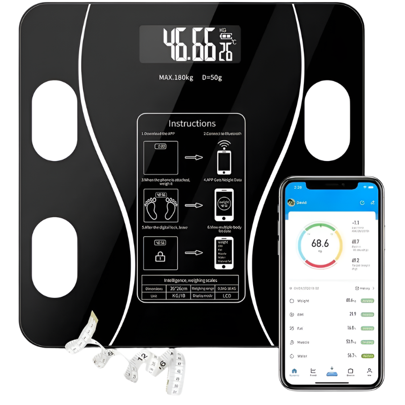 Digital body fat scale with smartphone app display and measurement tools on a white background