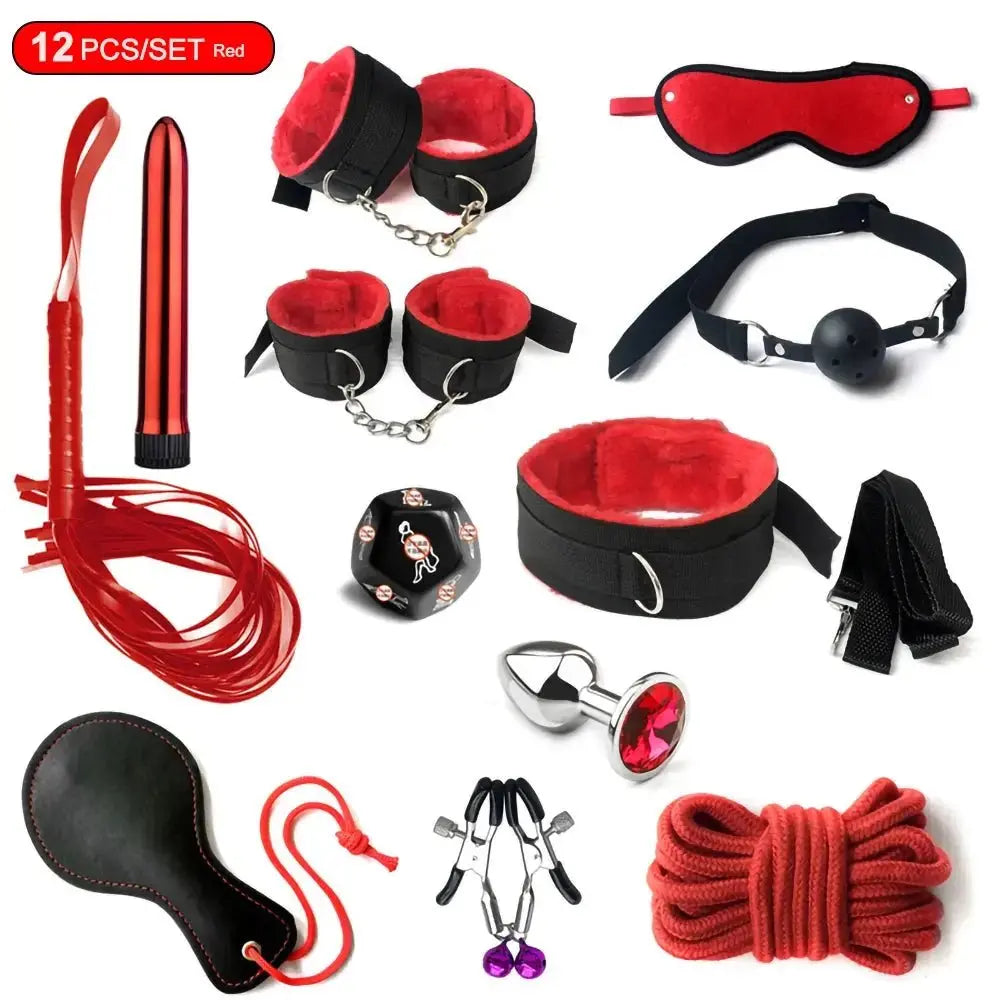 BDSM Adult Sexy Toys For Women Handcuffs Whip Anal Nipple Clamp Blindfold Strap On Vibrator Sex Bondage Set Sexual Couples Kit18 - WOWihte
