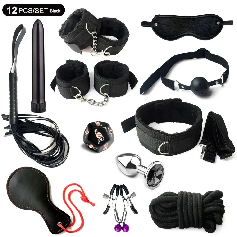 BDSM Adult Sexy Toys For Women Handcuffs Whip Anal Nipple Clamp Blindfold Strap On Vibrator Sex Bondage Set Sexual Couples Kit18 - WOWihte