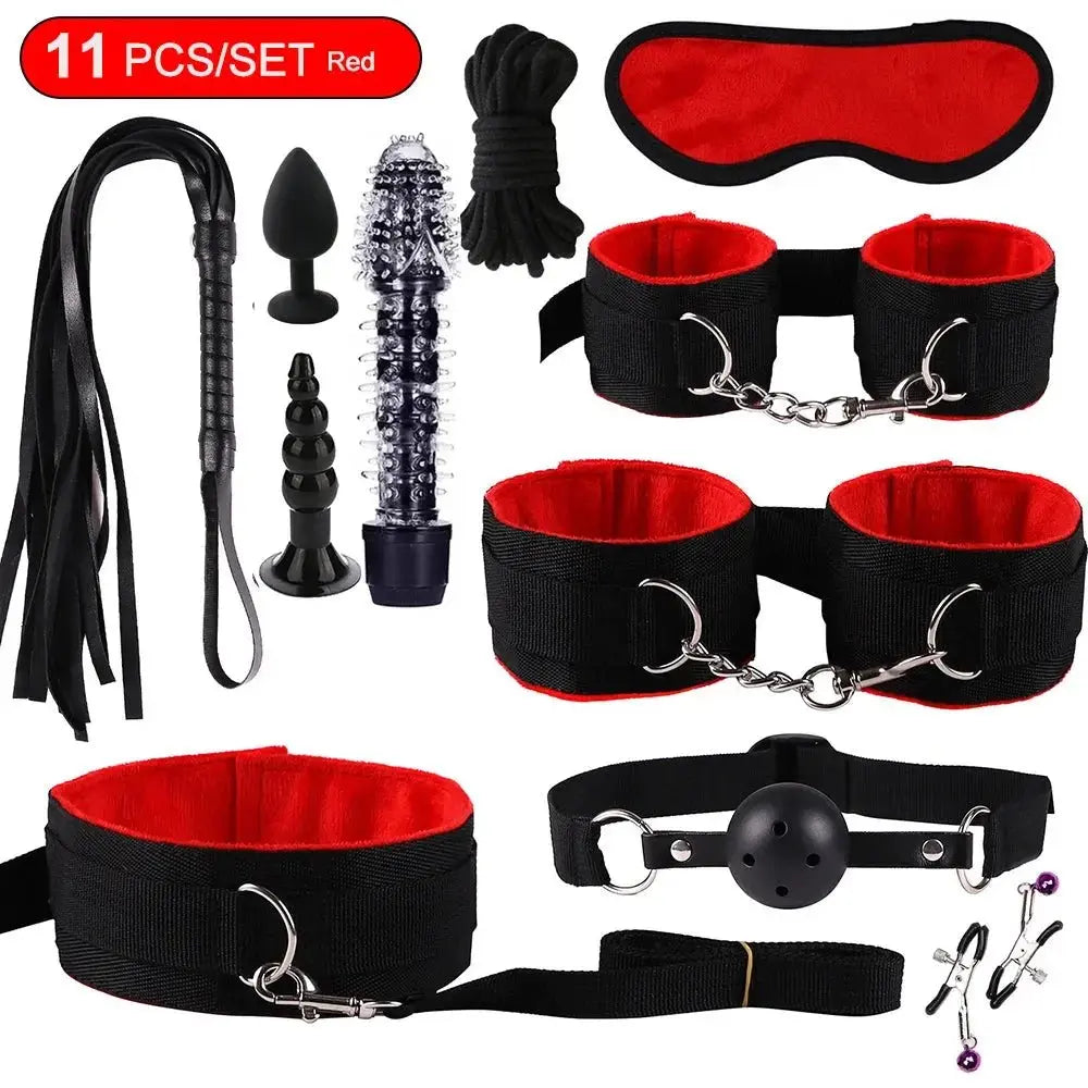 BDSM Adult Sexy Toys For Women Handcuffs Whip Anal Nipple Clamp Blindfold Strap On Vibrator Sex Bondage Set Sexual Couples Kit18 - WOWihte
