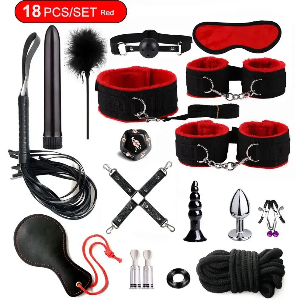 BDSM Adult Sexy Toys For Women Handcuffs Whip Anal Nipple Clamp Blindfold Strap On Vibrator Sex Bondage Set Sexual Couples Kit18 - WOWihte