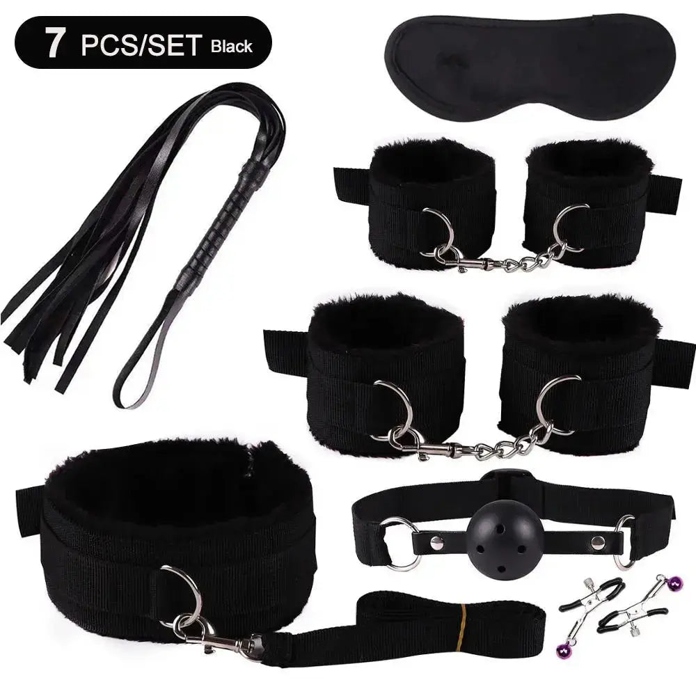 BDSM Adult Sexy Toys For Women Handcuffs Whip Anal Nipple Clamp Blindfold Strap On Vibrator Sex Bondage Set Sexual Couples Kit18 - WOWihte