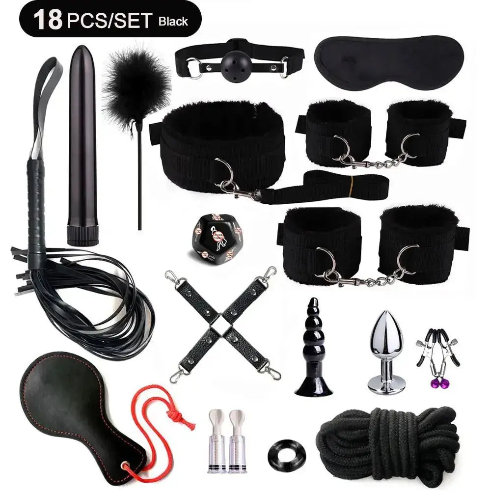 BDSM Adult Sexy Toys For Women Handcuffs Whip Anal Nipple Clamp Blindfold Strap On Vibrator Sex Bondage Set Sexual Couples Kit18 - WOWihte