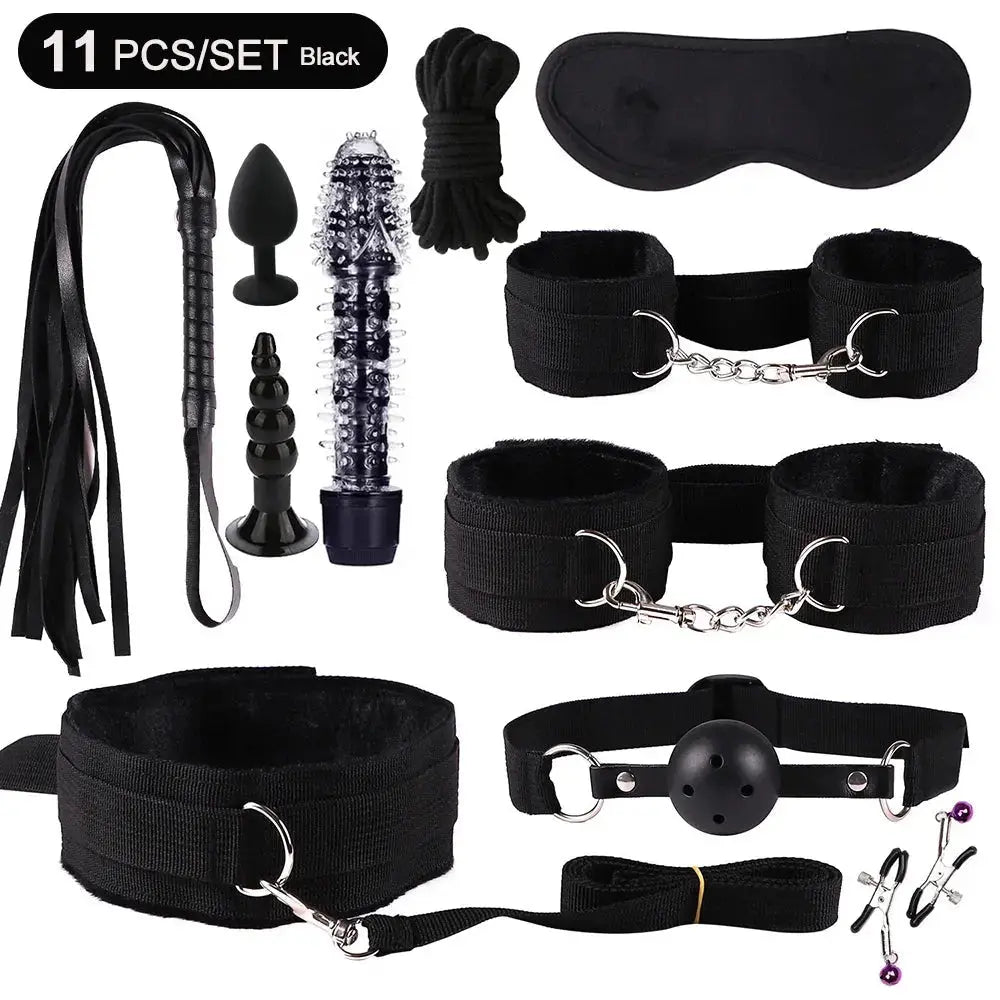 BDSM Adult Sexy Toys For Women Handcuffs Whip Anal Nipple Clamp Blindfold Strap On Vibrator Sex Bondage Set Sexual Couples Kit18 - WOWihte