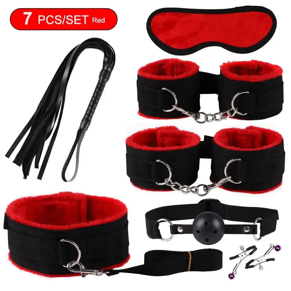 BDSM Adult Sexy Toys For Women Handcuffs Whip Anal Nipple Clamp Blindfold Strap On Vibrator Sex Bondage Set Sexual Couples Kit18 - WOWihte