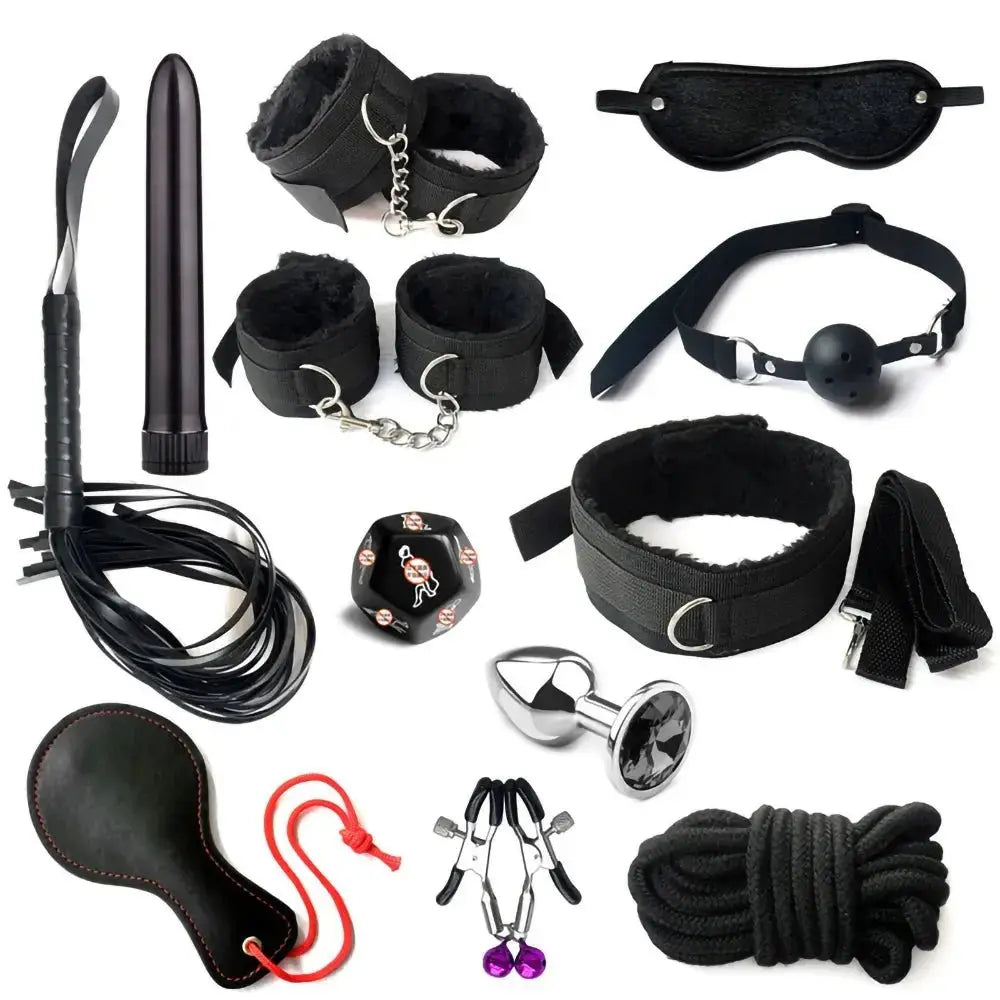 BDSM Adult Sexy Toys For Women Handcuffs Whip Anal Nipple Clamp Blindfold Strap On Vibrator Sex Bondage Set Sexual Couples Kit18 - WOWihte
